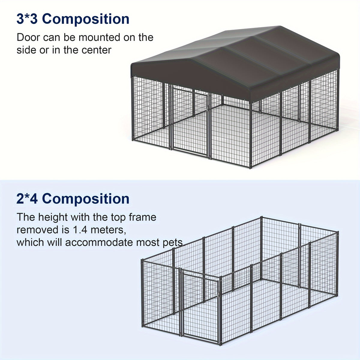 Outdoor Dog Run Enclosure with Roof Cover, Heavy-Duty Steel Mesh Kennel with Lockable Door and Ground Pegs, Four Size Options for Backyard and Farm