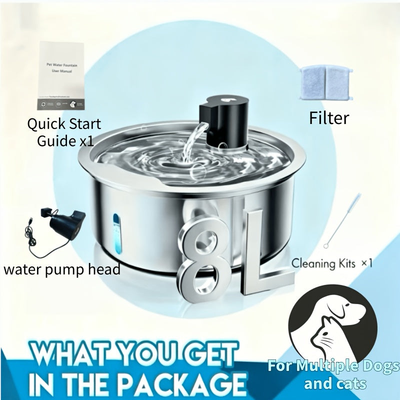 Pet Water Fountain 8L with Water Level Window, Silvery Stainless Steel Drinking Dispenser for Dogs and Cats with Selected Filter Bundle Options