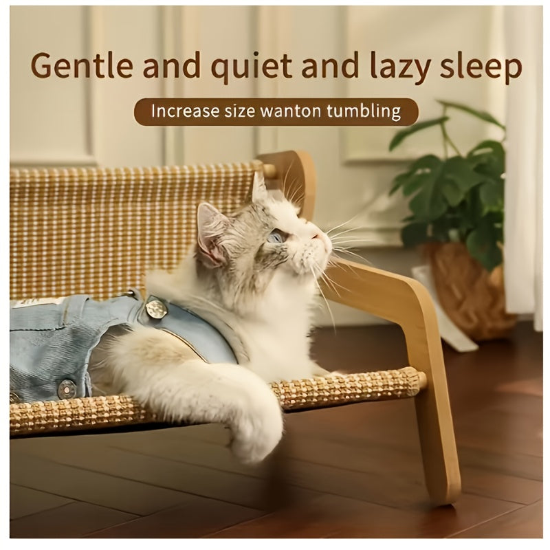 Cat Hammock and Scratching Post Combo with Solid Wood Frame and Built-In Resting Nest, 2-in-1 Indoor Cat Bed in Large 21.06 x 18.11 x 11.1 Inch Size