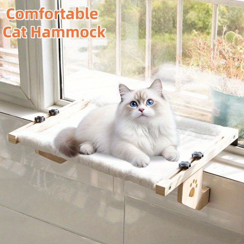 Cat Window Lounger with Adjustable Wooden Frame and Paw Pattern, Hanging Hammock Bed for Compatible Windowsills, Bedsides and Cabinets