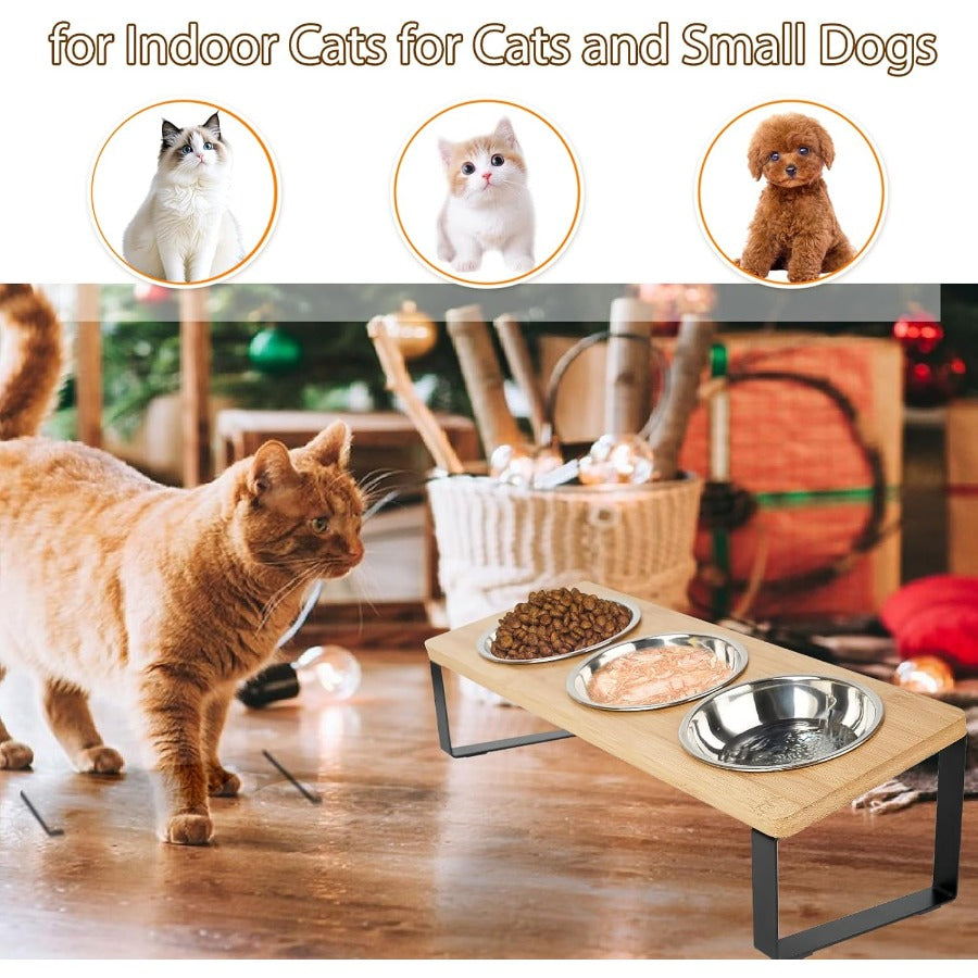 Cat Feeding Station with 3 Stainless Steel Bowls, 15° Tilted Elevated Wooden Rack for Indoor Cat Food and Water, Easy-Clean Dining Set