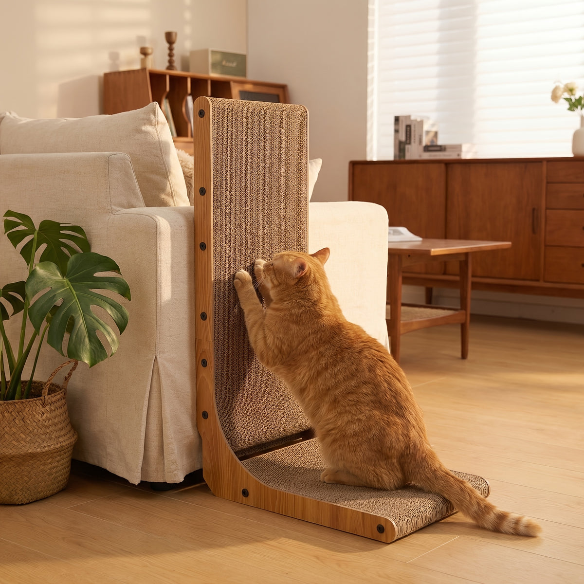 L-Shaped Cat Scratcher for Indoor Cats, Extra Large Corrugated Cardboard Scratch Pad with Ball Toy, Wall-Mounted or Horizontal Lounge