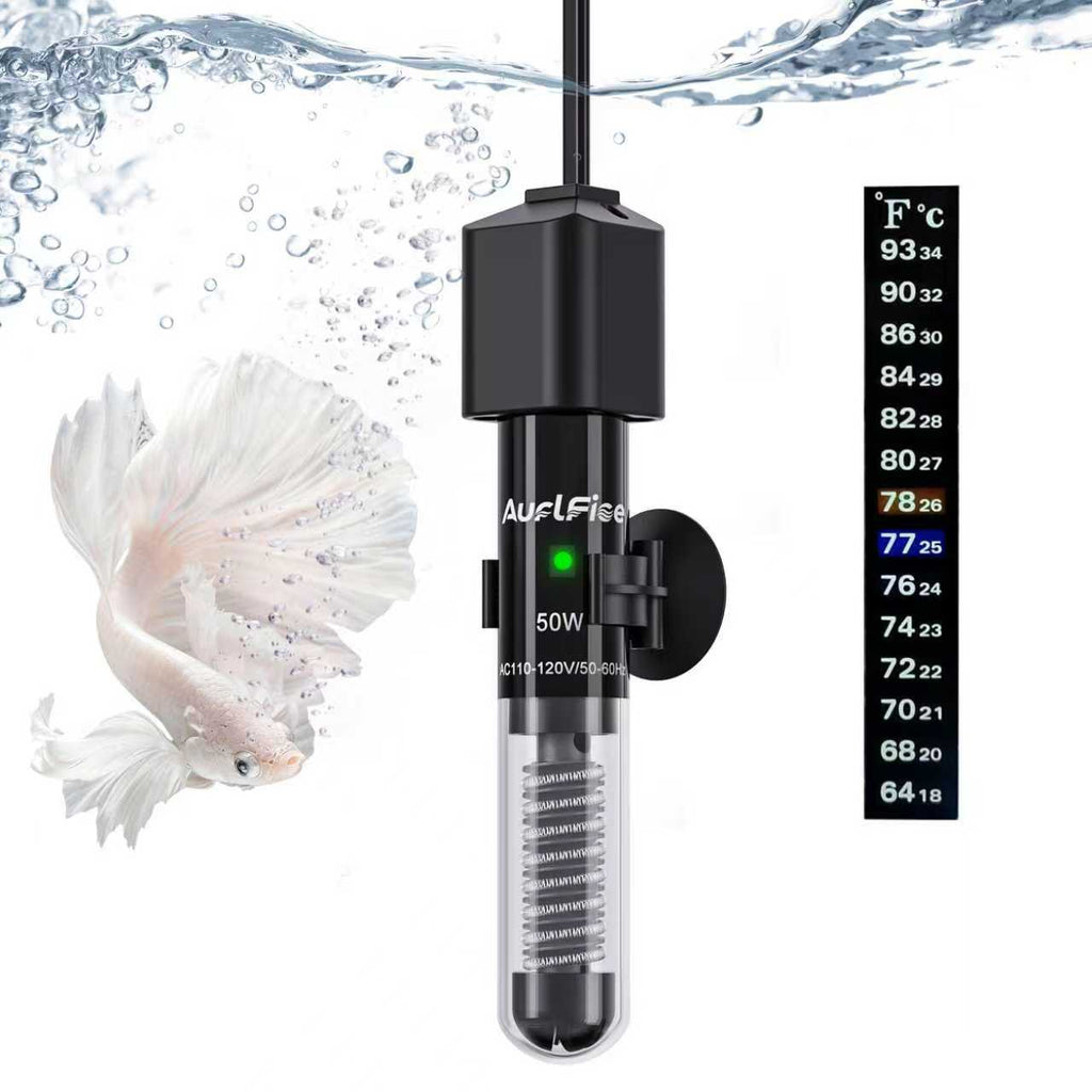 Small Fish Tank Heater 50W, Mini Submersible Aquarium Heater Preset to 78°F for 1-10 Gallon Tanks, 4.5-Inch Design with Thermometer Strip