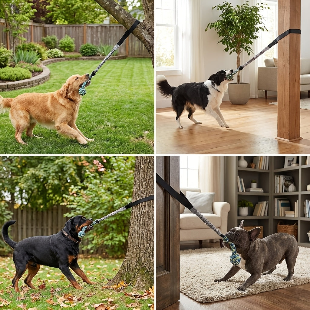 Tree Hanging Dog Tug Toy with Bouncy Tether and Chew Rope, Black Outdoor Tug of War Toy for Supervised Backyard Play with Small to Large Dogs
