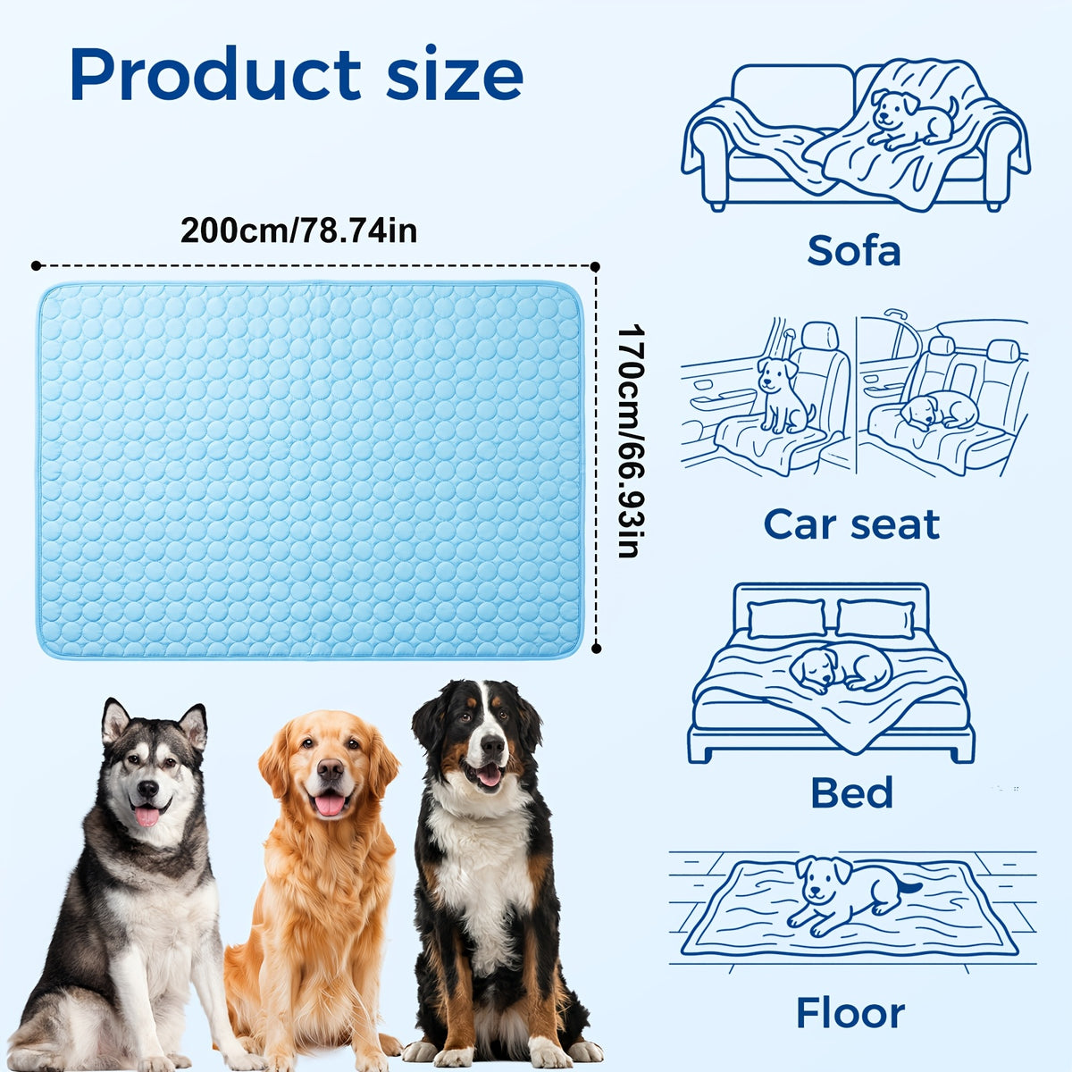 Extra Large Dog Cooling Mat for Dogs and Cats, 79 x 67 Inch Washable Non-Slip Summer Fabric Pad for Sofa Covers, Beds and Crate Liners, Blue