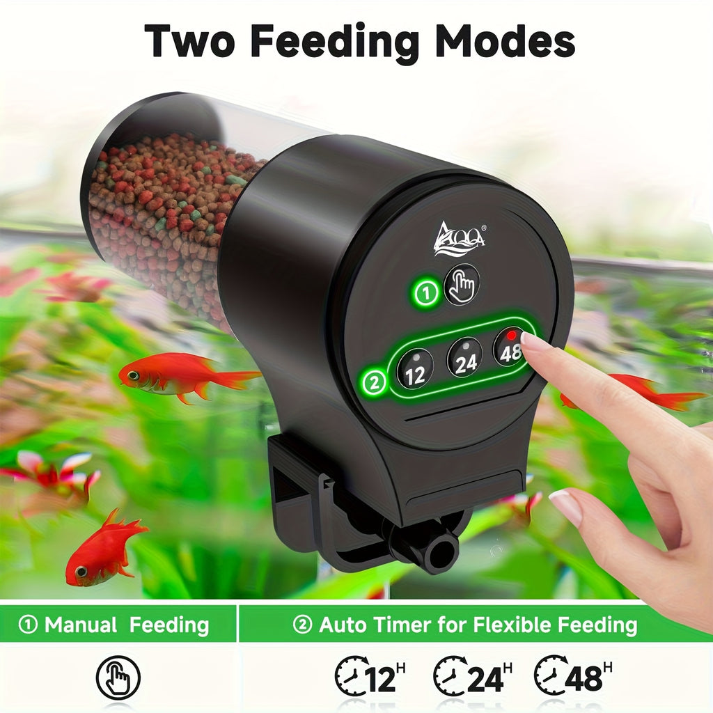 Timed Aquarium Fish Feeder 110 mL, Automatic Food Dispenser with 12H 24H 48H Intervals, Manual Feeding Button and Tank Clamp, Battery Powered in Black