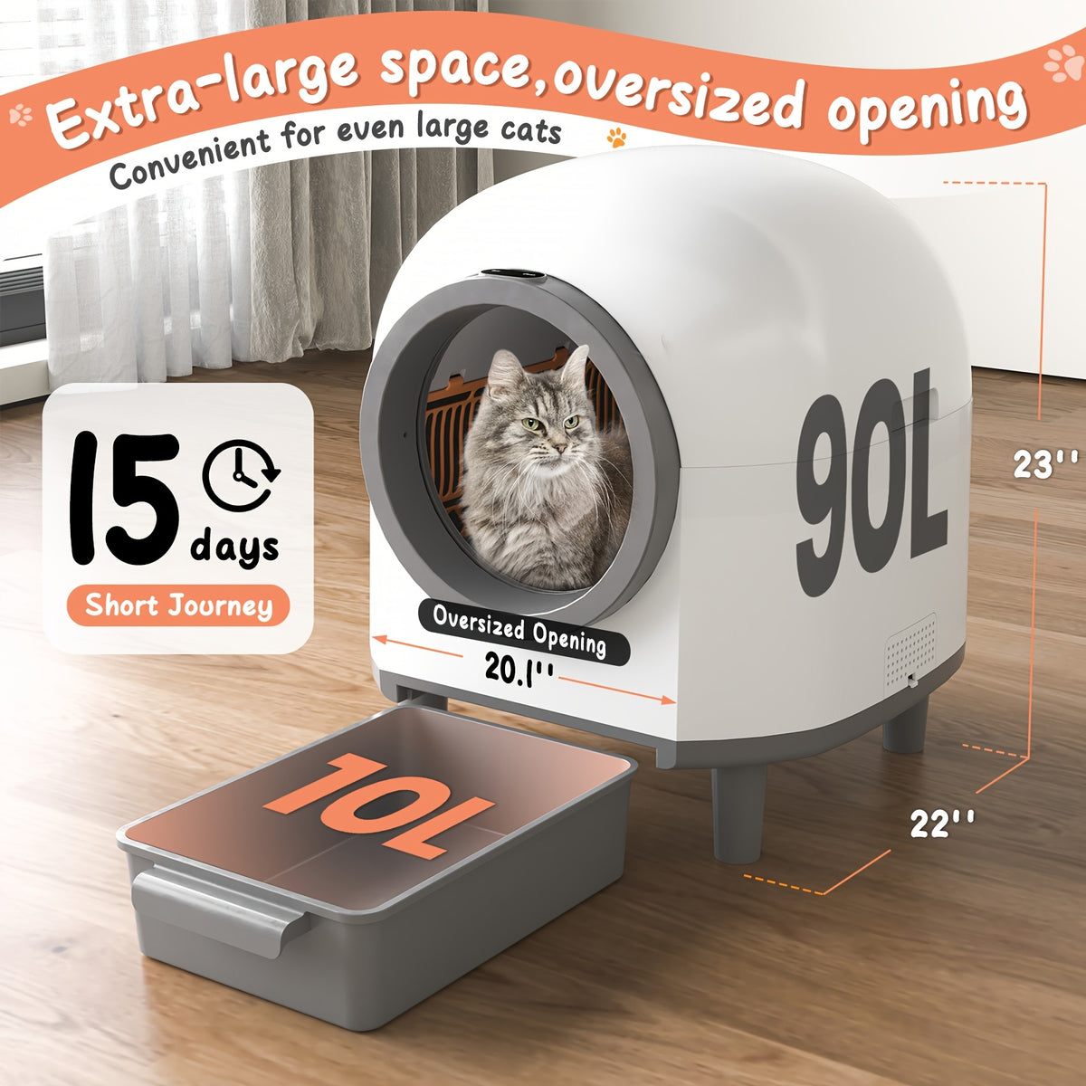 Self Cleaning Litter Box with 90L Interior and 10L Waste Drawer, App-Controlled White Automatic Cat Toilet with Entry Step and Litter Mat
