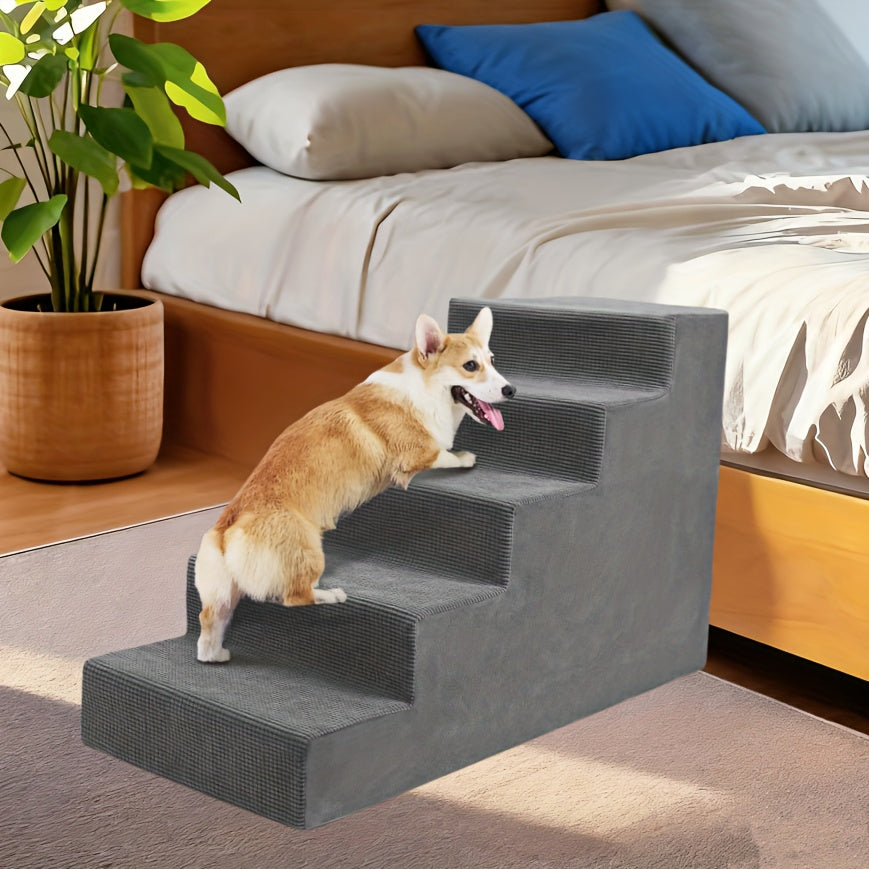 Foam Dog Stairs for Small Dogs, 5-Step Pet Steps with Supportive Board and Non-Slip Removable Washable Cover in Grey or Navy for Home Use