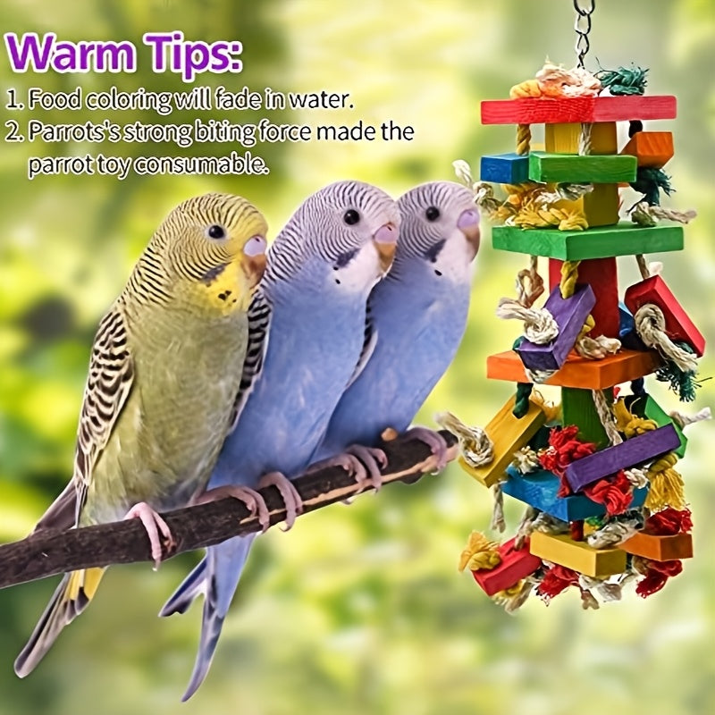 Parrot Toys with Colorful Wood Chew Designs, 12 Selectable Bird Cage Accessory Styles Including Apple, Banana, Coconut and Block Options for Enrichment