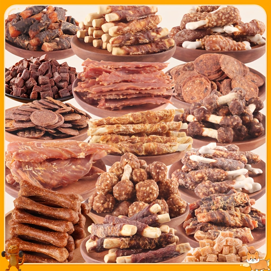 Dog Snack Variety Selection with Chicken Liver, Duck Jerky, Beef Cubes and Sweet Potato Donut Options for Supervised Training Rewards