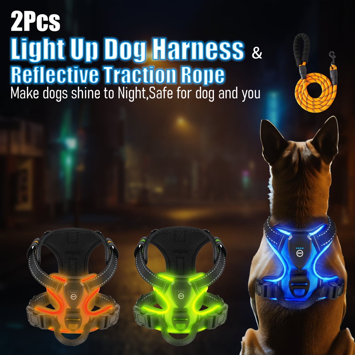 Light Up Dog Harness, Rechargeable LED Night Walking Vest with 3 Lighting Modes, Reflective Strips, Padded Mesh and Adjustable Straps, M L XL