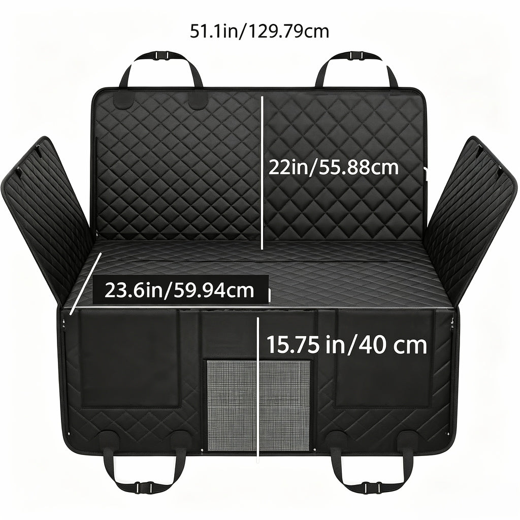 Back Seat Extender for Dogs with Hard Bottom, Black Quilted Car Seat Cover Hammock with Mesh Window and Storage Pockets for Compatible Cars, SUVs and Trucks