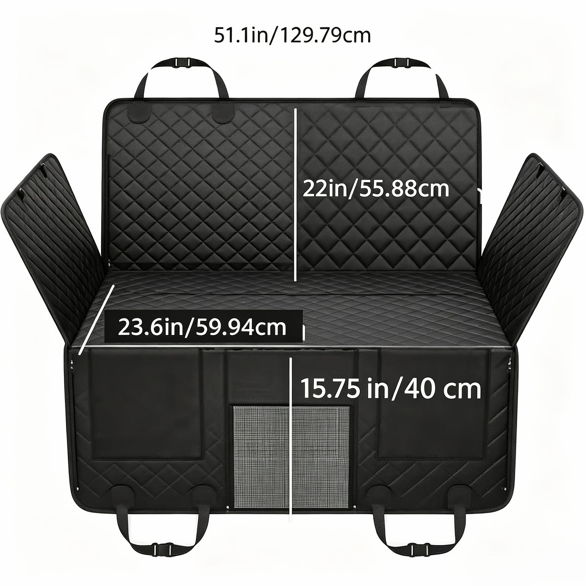 Back Seat Extender for Dogs with Hard Bottom, Black Quilted Car Seat Cover Hammock with Mesh Window and Storage Pockets for Compatible Cars, SUVs and Trucks