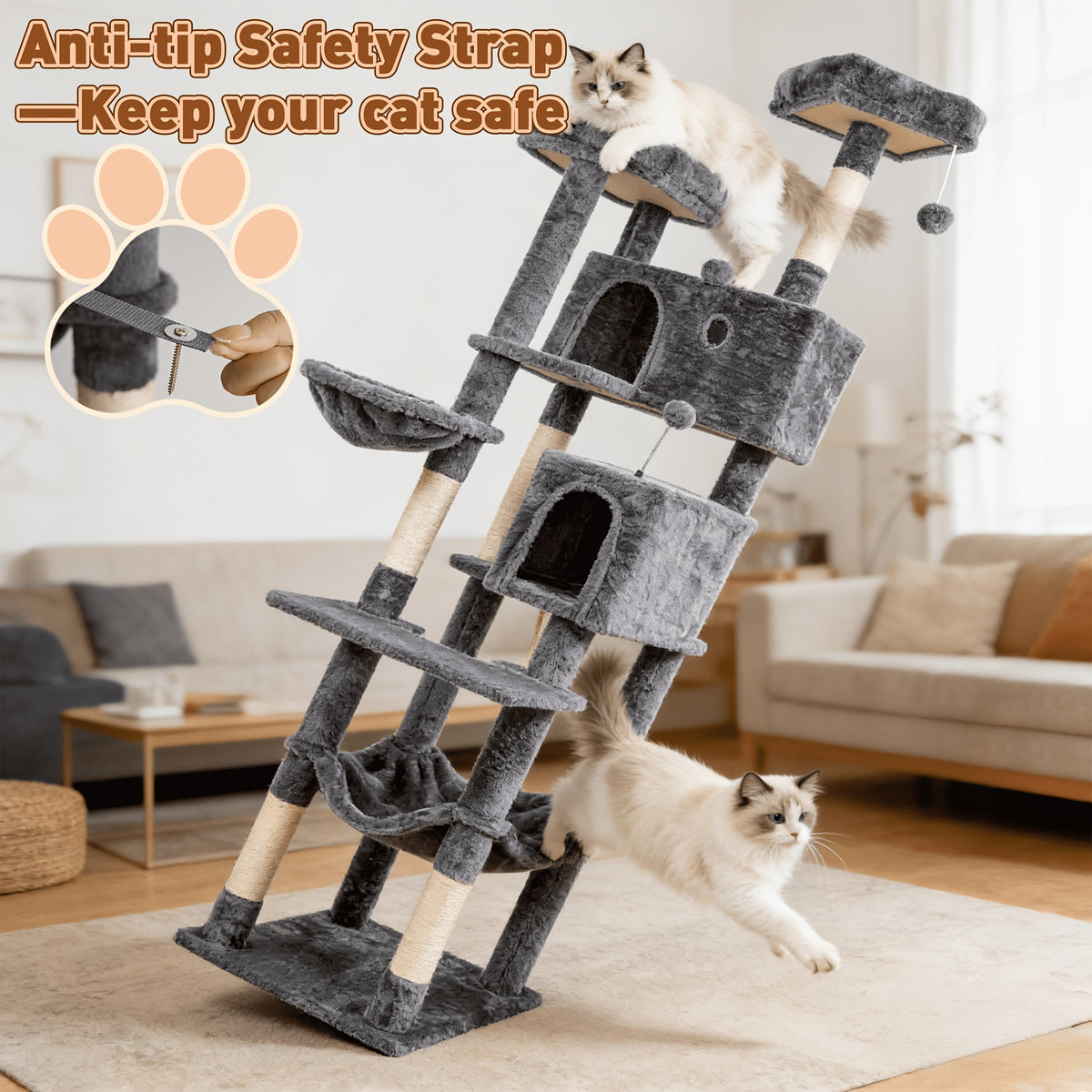 Multi-Level Cat Tree with Plush Resting Areas and Scratching Posts, Indoor Cat Tower in Three Colors with Separate Replacement Column Options