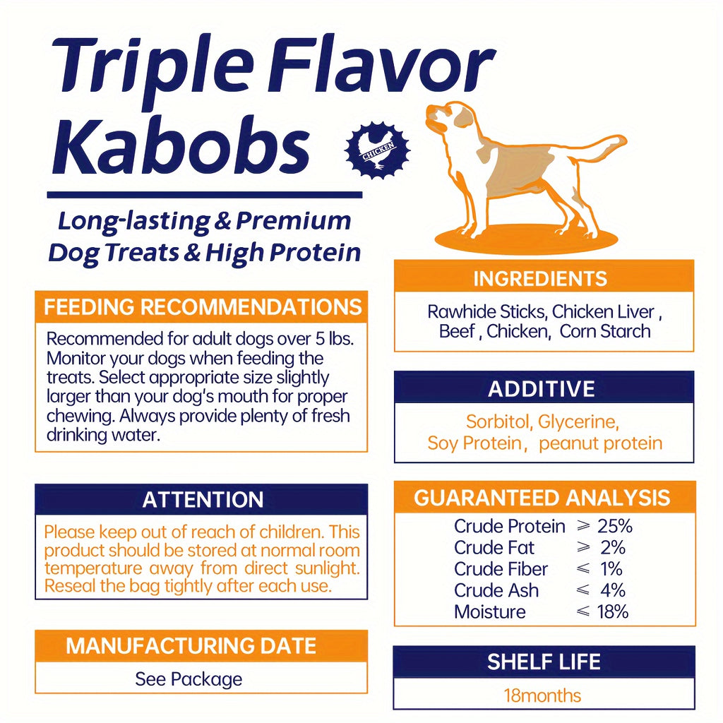 Dog Treat Kabobs with Rawhide, Beef, Chicken and Chicken Liver, Triple Flavor Chew Snacks for Supervised Treat Time in 100g to 900g Pack Options