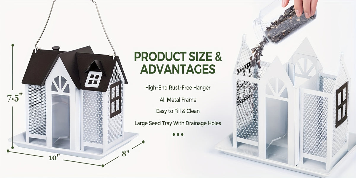 Outdoor Bird Feeder House with Triple Feeding Areas, Metal Mesh Wild Bird Seed Feeder for Finches, Cardinals and Chickadees, Five Color Options