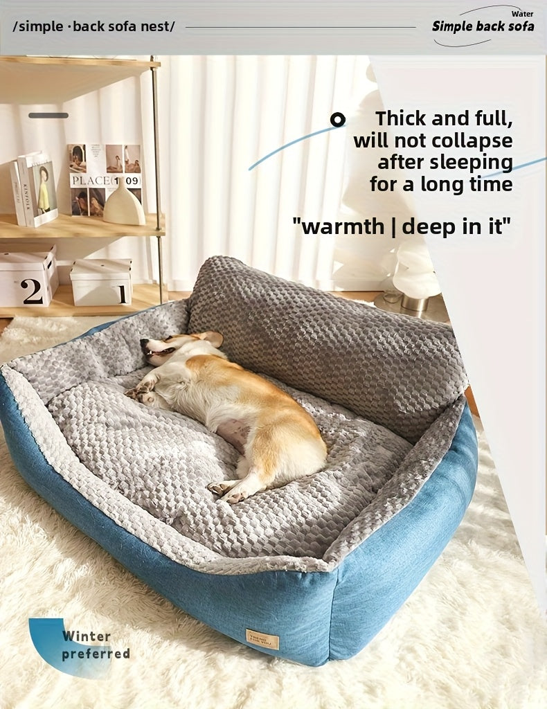 High Back Dog Sofa Bed with Plush Textured Cushion, Blue and Gray Bolster Pet Couch in Four Sizes for Small to Large Dogs and Cozy Indoor Rest
