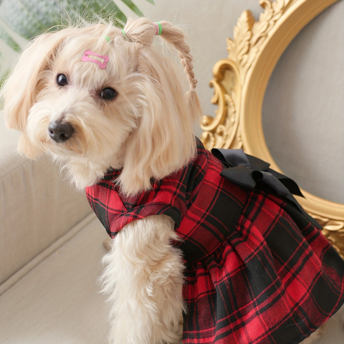 Plaid Dog Dress with Bow for Dogs and Cats, Red Academic Style Pet Outfit in XS–XXL with Random Poop Bag Dispenser and 4 Bells