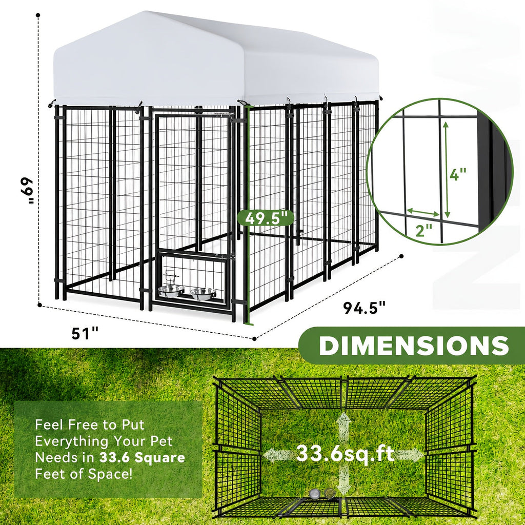 Dog Kennel with Silver Canopy and 2 Rotating Bowls, Welded Steel Outdoor Dog Pen with Lockable Gate, 51-Inch Width and Three Length Options