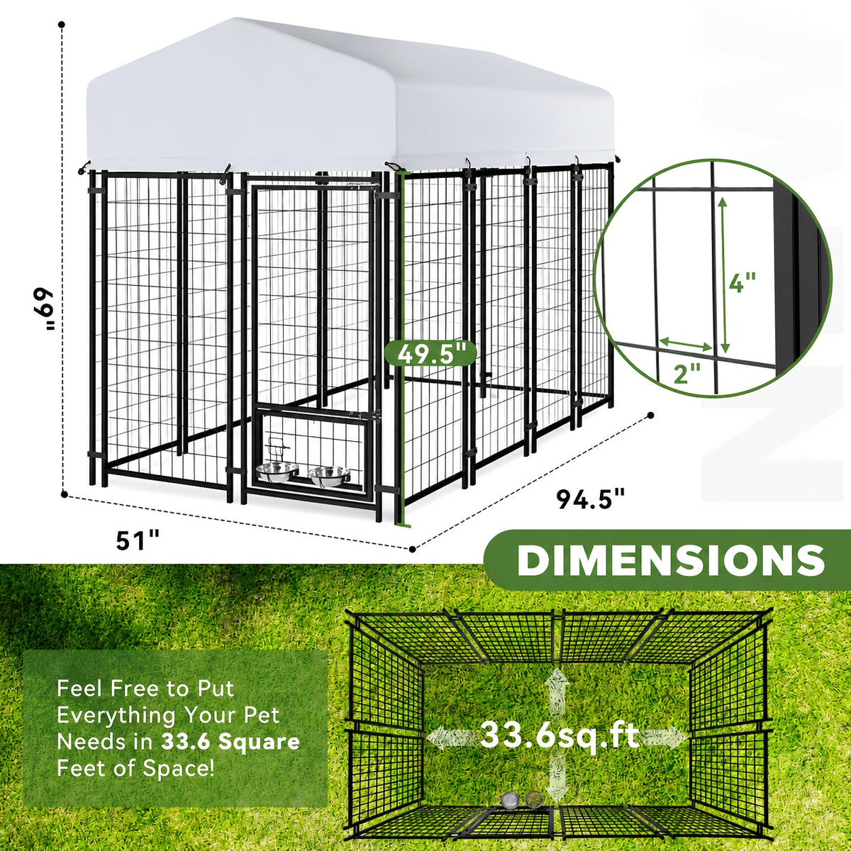 Dog Kennel with Silver Canopy and 2 Rotating Bowls, Welded Steel Outdoor Dog Pen with Lockable Gate, 51-Inch Width and Three Length Options