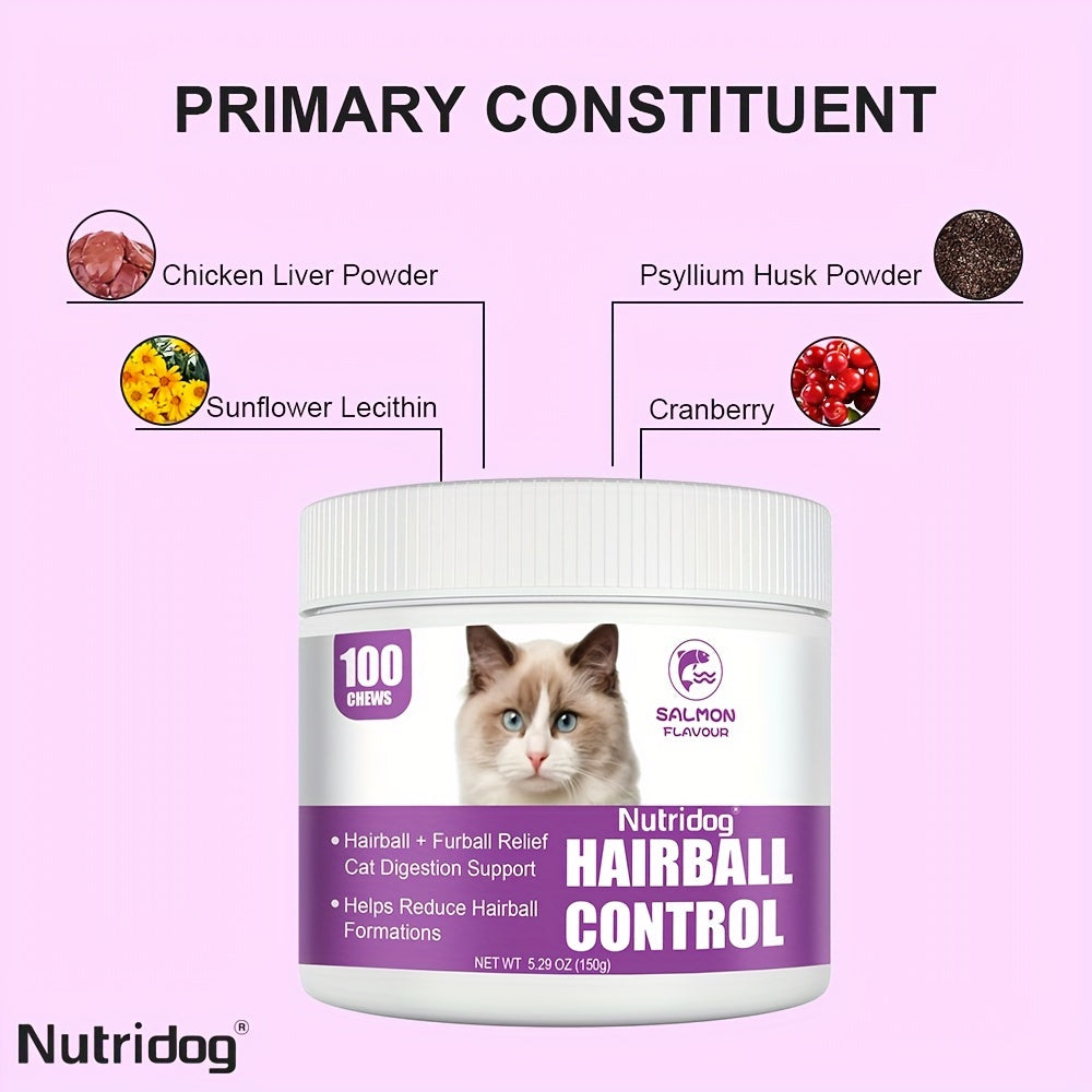 Cat Hairball Supplement Soft Chews, 100 Count Salmon Flavor Hairball Aid for Cats, Convenient Chew Format for Your Cat Care Routine