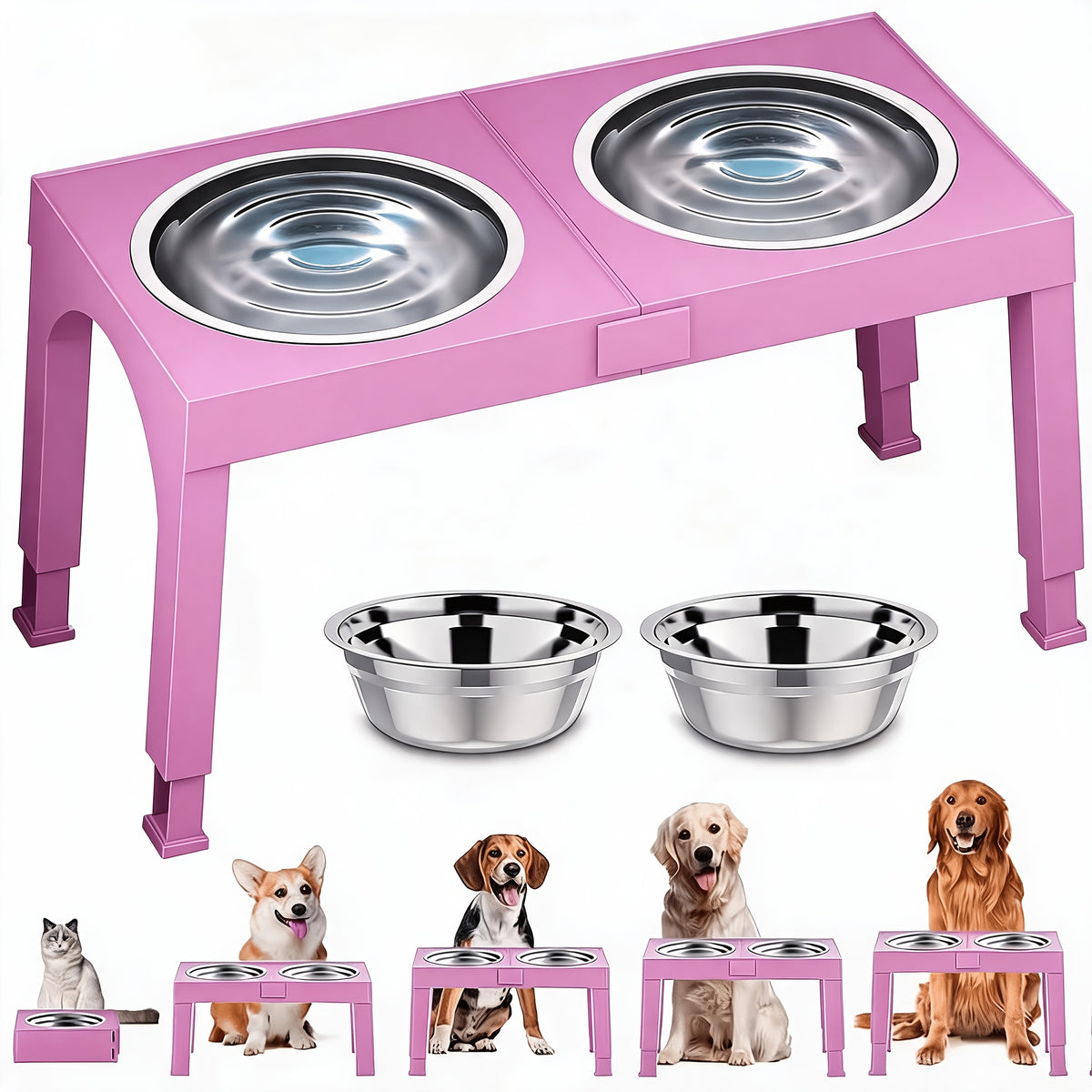 Foldable Elevated Dog Bowls with Height Adjustable Stand for Large Dogs, Raised Food and Water Feeding Station with Stainless Steel Bowl Options