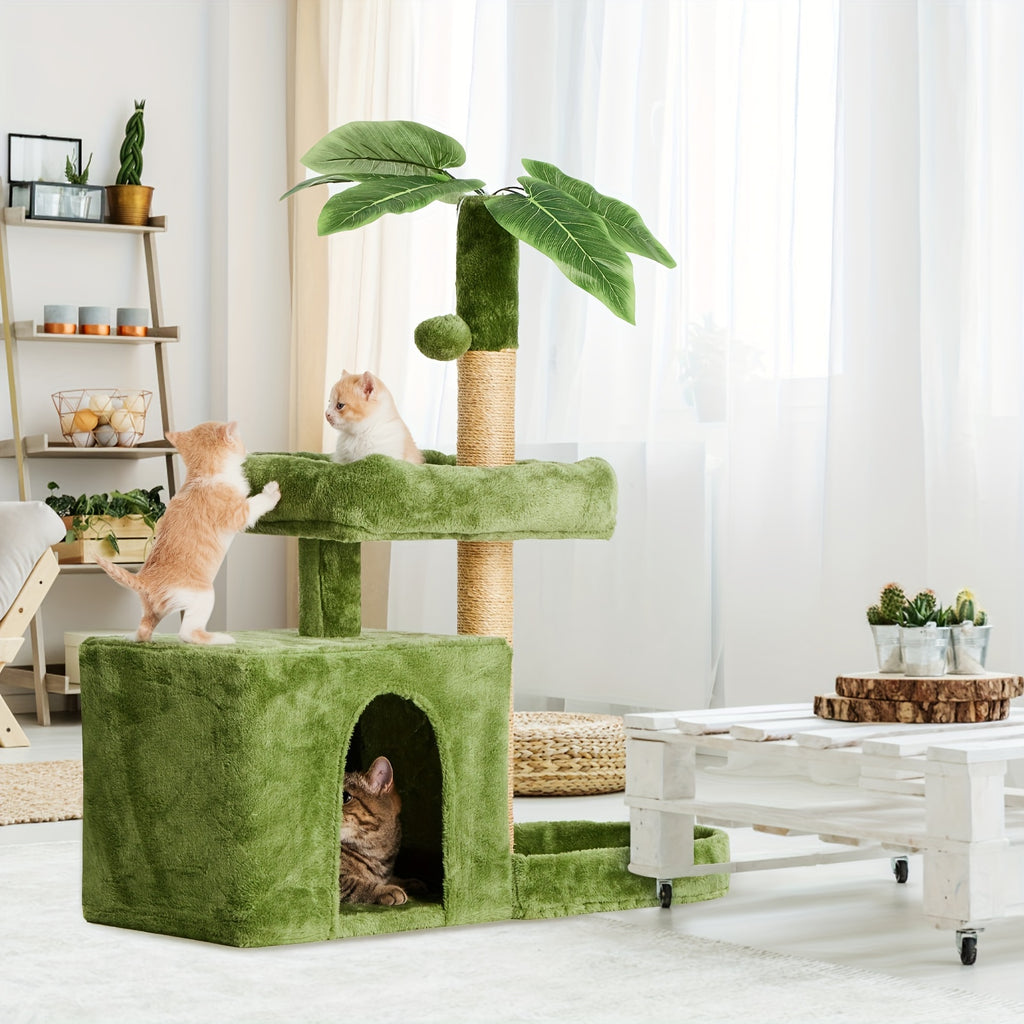 Cat Tree with Green Leaf Design, Indoor Cat Condo with Cozy Plush Resting Area, Hanging Ball and Sisal Scratching Post for Everyday Play