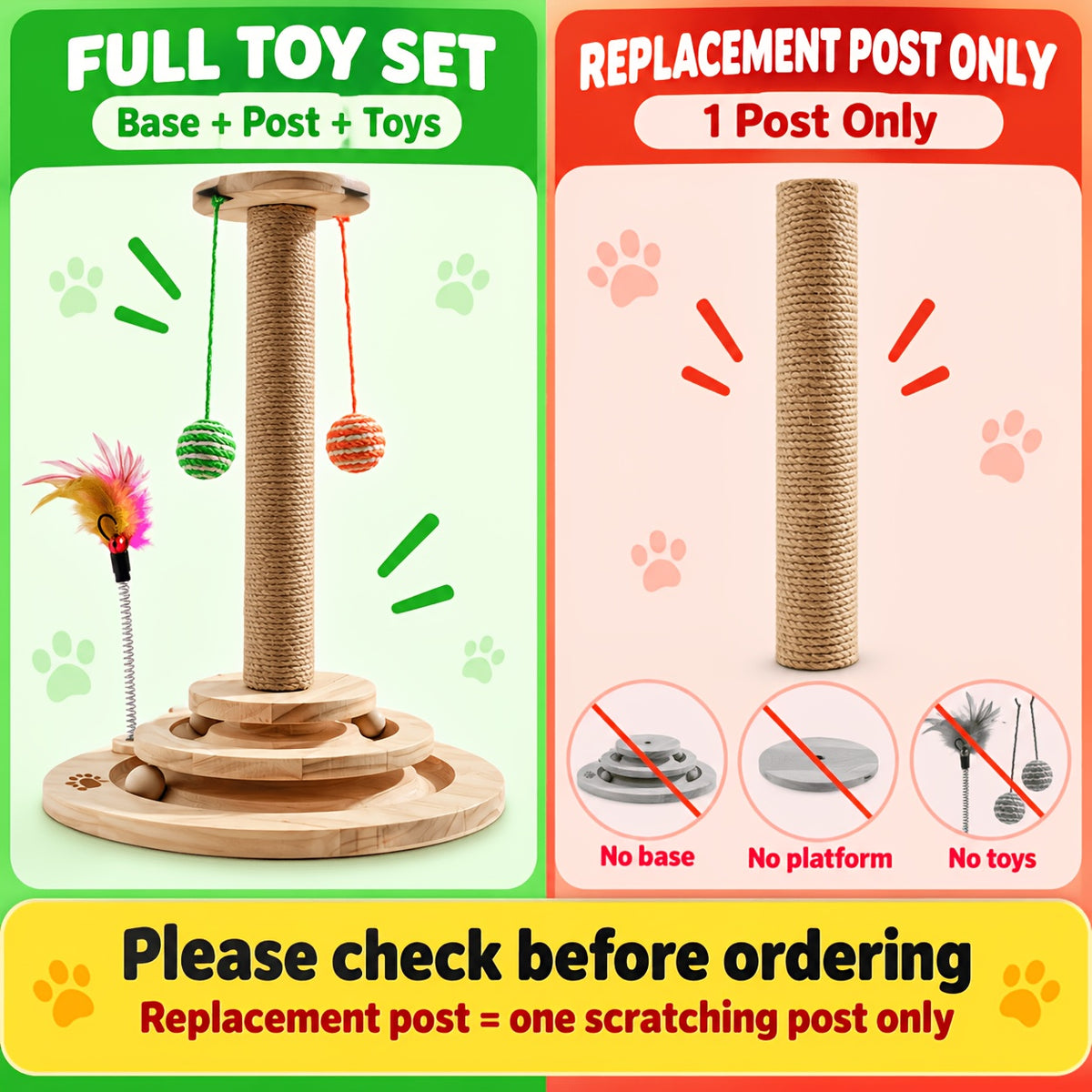 Interactive Cat Scratching Post with Double-Layer Ball Track and Feather Toys, M L XL Cat Scratcher and Replacement Pillar Options for Indoor Cats