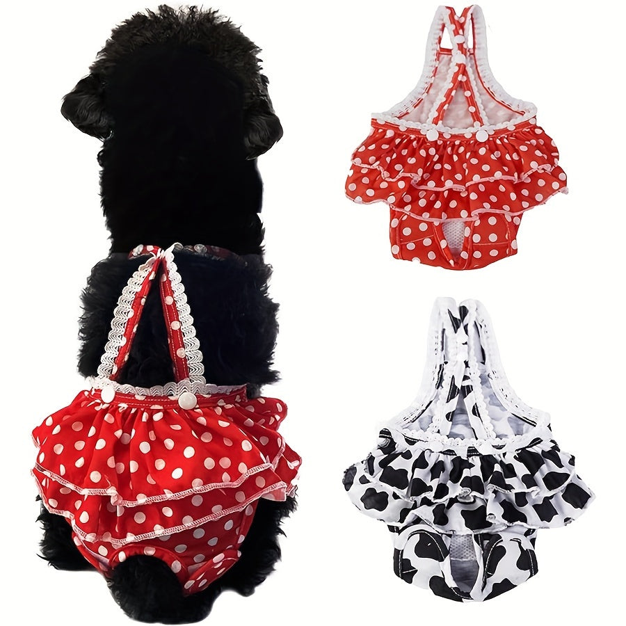 Washable Female Dog Diapers with Suspenders, 2-Pack Reusable Heat Cycle Sanitary Panties in Red Polka Dot and Cow Print, XXL Size