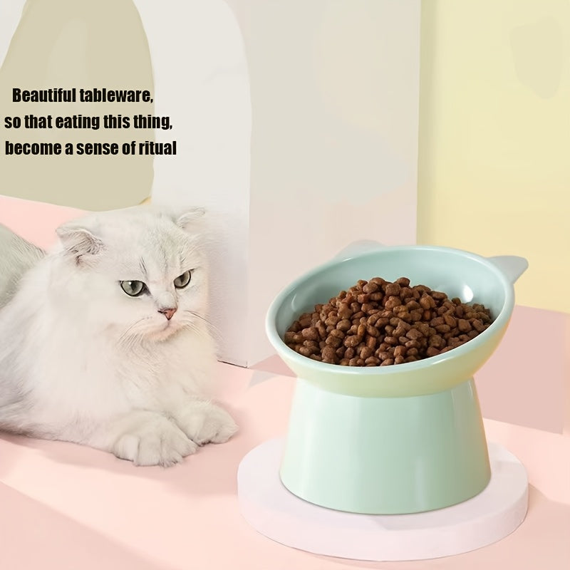 Raised Cat Bowls 3-Piece Color Set, Cat-Ear Shaped Elevated Pet Feeding Dishes with Anti-Slip Base in Blue, Pink and Green for Everyday Meals
