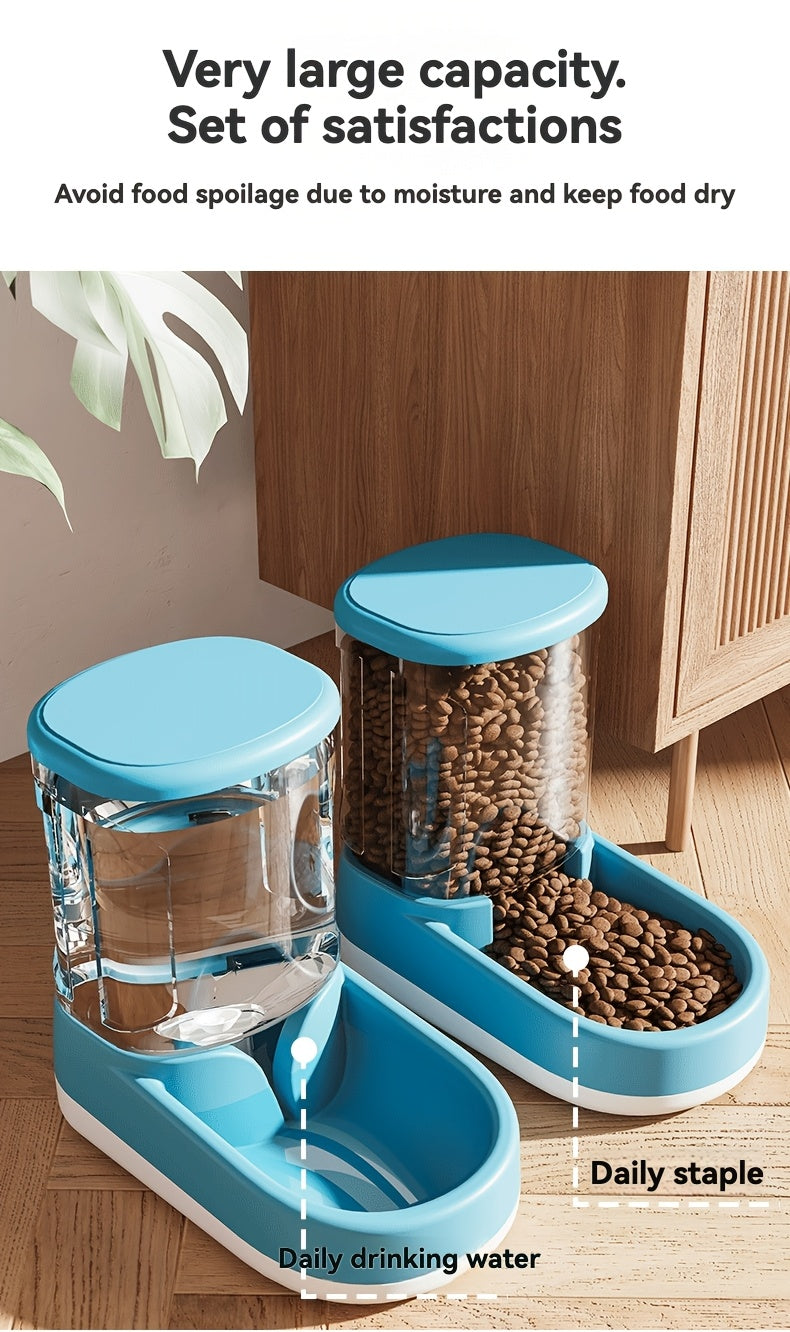 Automatic Dog Feeder and Waterer Set, 2-Piece Plastic Gravity Food and Water Dispensers with Clear Reservoirs for Small, Medium and Large Dogs
