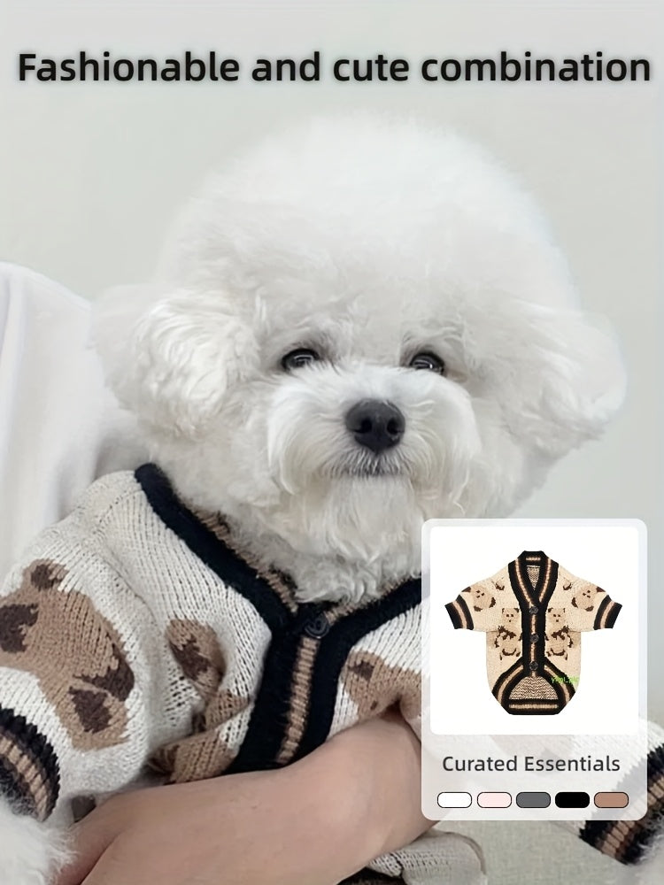 Bear Print Dog Cardigan Sweater with Button Closure, Beige Knit Pet Outfit with Contrast Ribbed Trim and Short Sleeves in M, L and XL Sizes