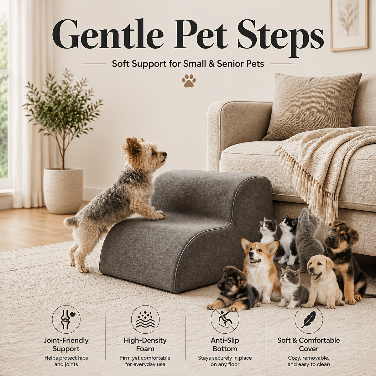 Dog Stairs for Bed with Dutch Velvet, Non-Slip Pet Steps for Small and Senior Dogs, 2/3/4-Step Options for Sofa and Couch, Gray or Pink