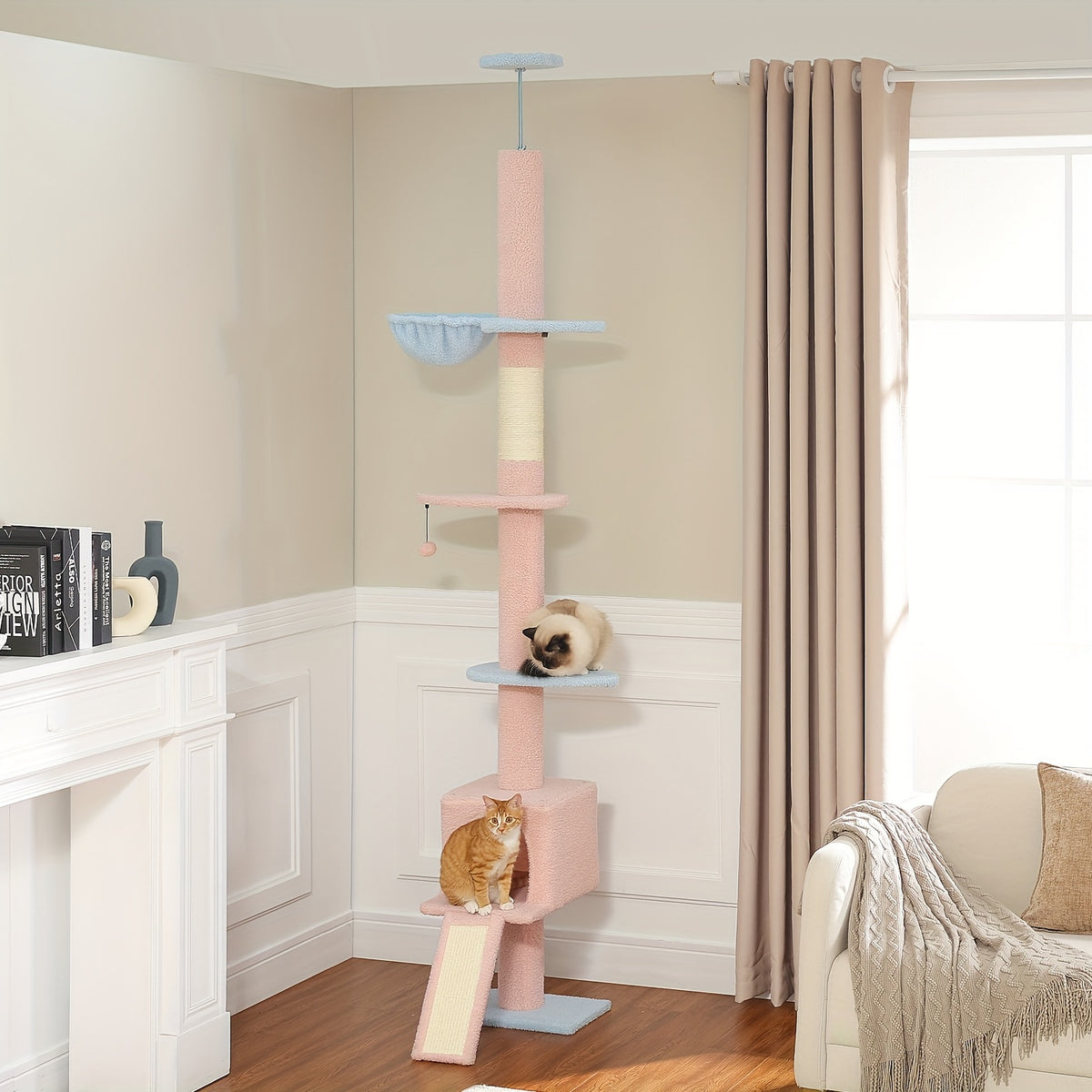 5-Tier Floor to Ceiling Cat Tree, 83–108 Inch Adjustable Indoor Cat Tower with Condo, Hammock, Scratching Post and Ladder in Seven Color Options