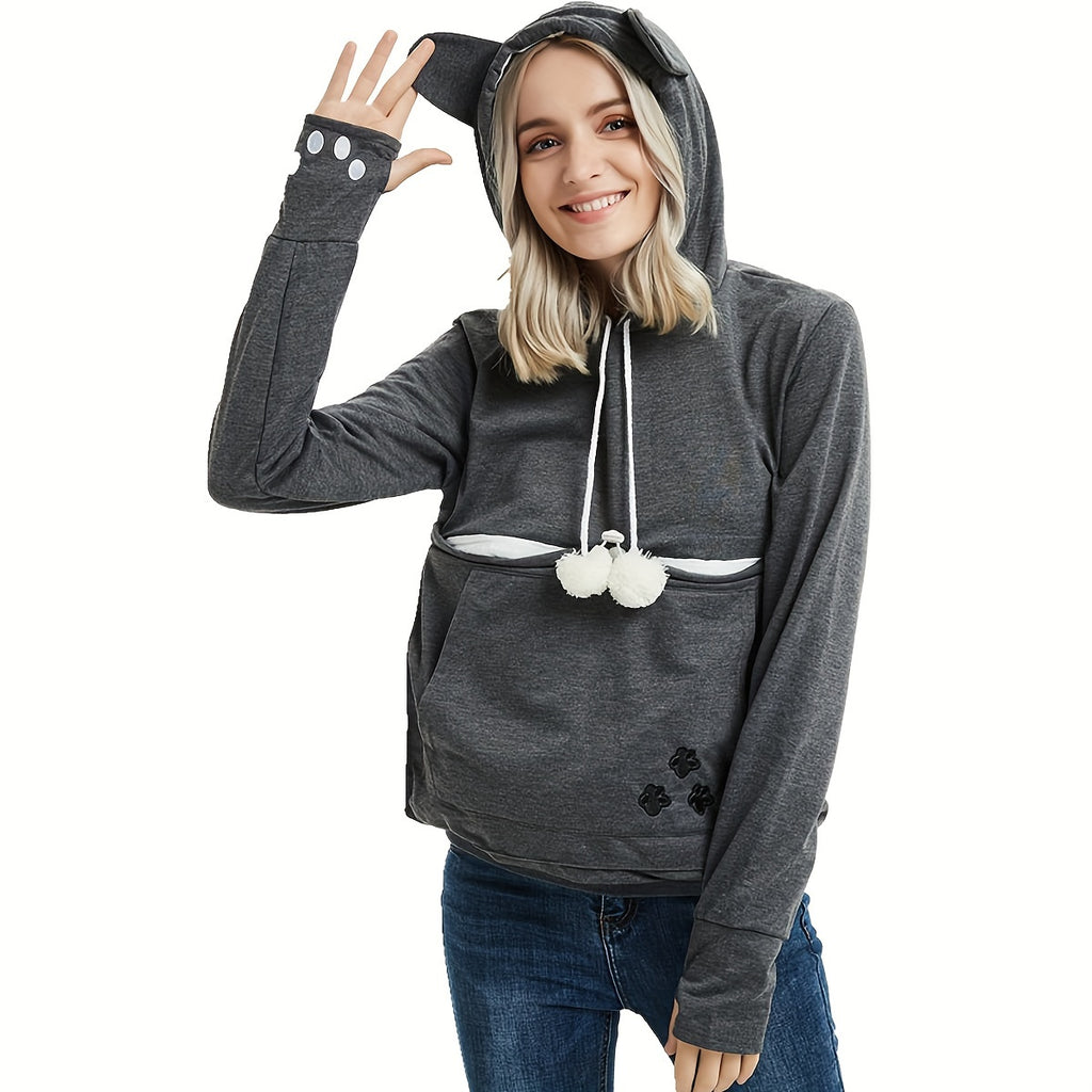 Pet Carrier Hoodie with Kangaroo Pouch for Cats and Small Dogs, Unisex Light Grey Sweatshirt with Removable Washable Liner, Ears and Paw Print Design