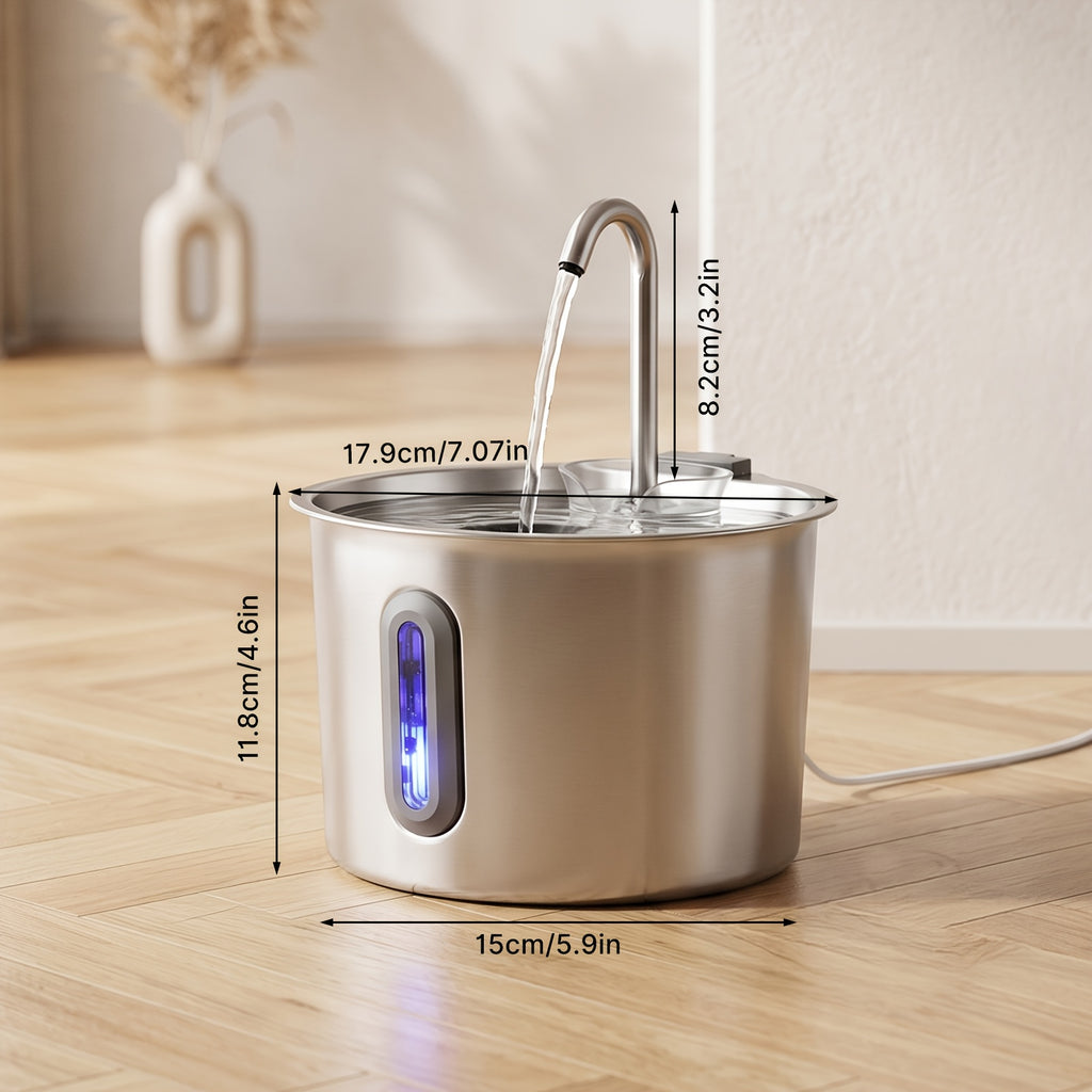 Cat Water Fountain with Filter and Sponge Bundles, 74oz 2.2L Stainless Steel Drinking Dispenser with Water Level Window for Indoor Cats and Small Dogs