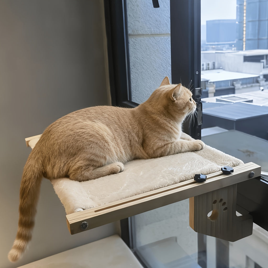 Adjustable Cat Window Hammock with Wooden Paw-Cutout Supports, Soft Hanging Cat Bed for Compatible Windowsills and Indoor Sunbathing