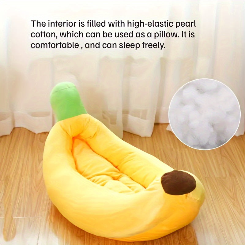 Banana Cat Bed in Yellow Plush, Fruit-Shaped Pet Nest with Raised Sides for Cats and Small to Medium Dogs, S L XL and 2XL Size Options