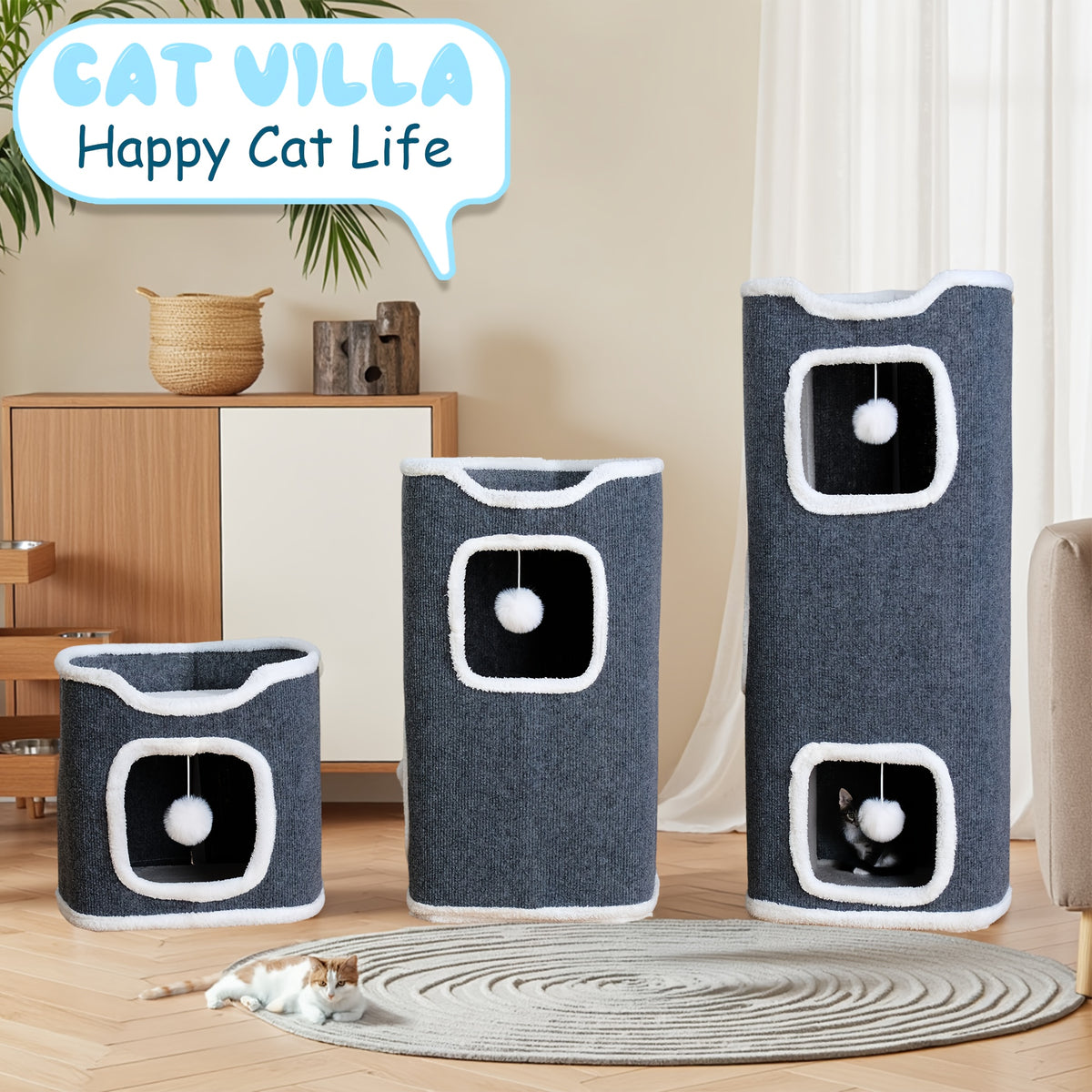 Cat Hideaway Tower with Felt Exterior and Particle Board Frame, Indoor Cat Condo Furniture in One, Three or Four Layers with Optional Bell Ball Bundles