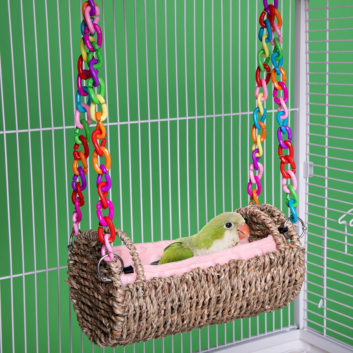 Parrot Nest Swing with Mat, Rattan Hanging Bird Toy with Colorful Random-Color Chain for Cage Enrichment and Supervised Pet Bird Play