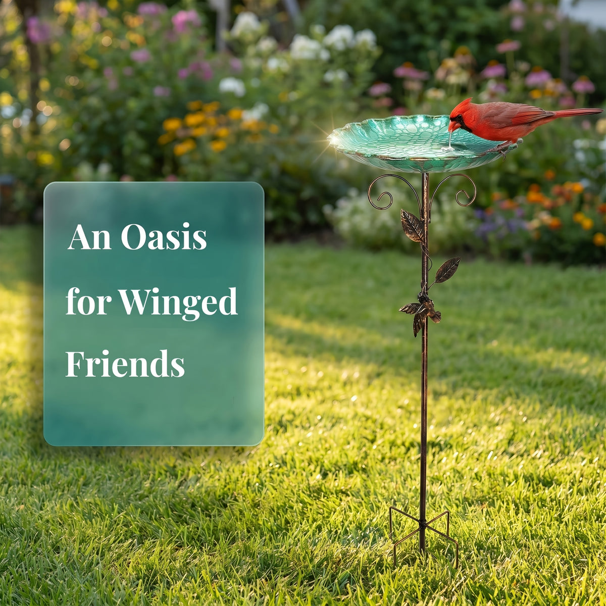 Metal Bird Bath with Bird and Leaf Decoration, 30-Inch Tall Outdoor Garden Water Basin for Yard and Patio Decor, Easy Installation and Cleaning