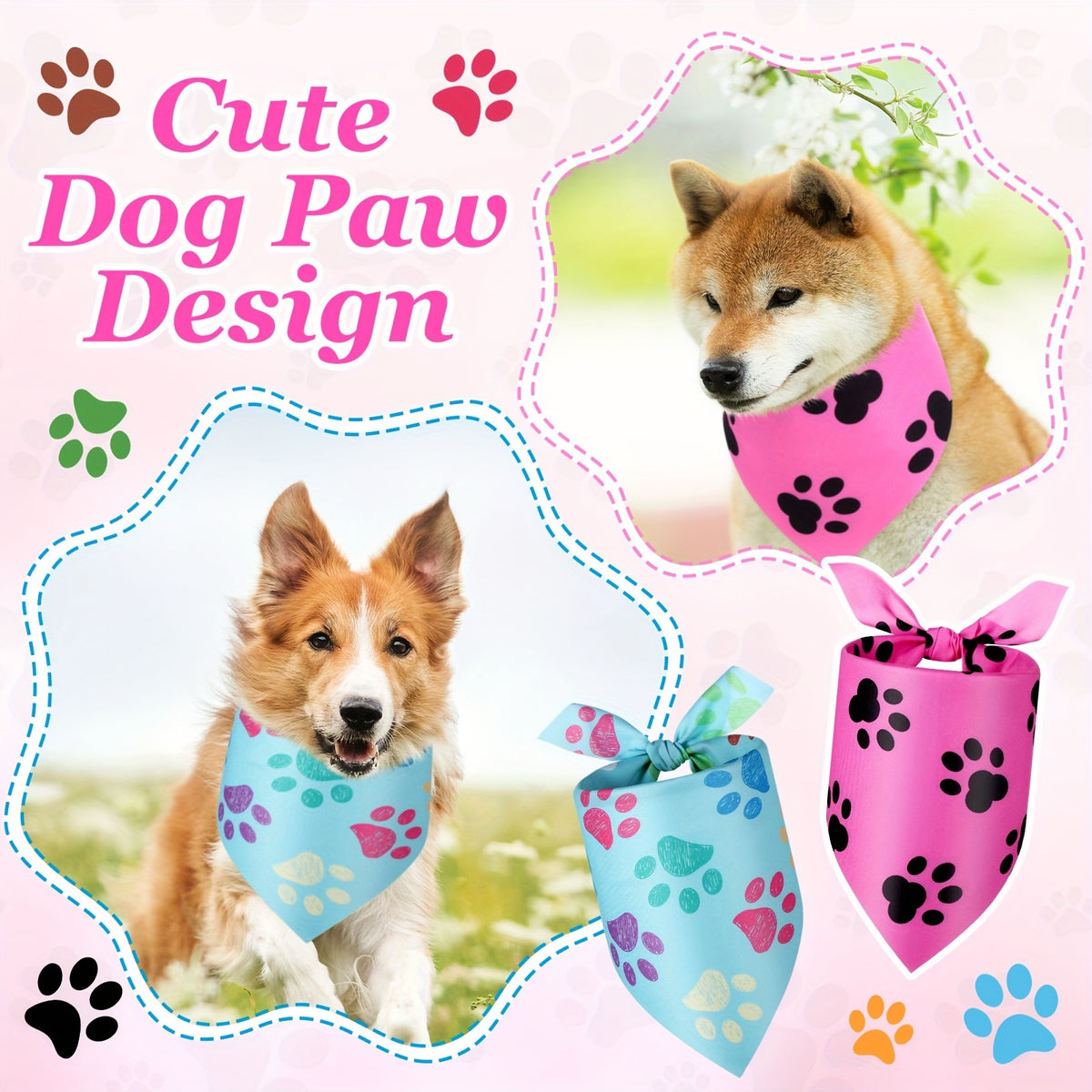 Paw Print Dog Bandanas 50 Pack, Bulk Triangle Pet Kerchiefs and Costume Bibs for Dogs and Cats, Grooming Finishes, Parties and Photo Outfits