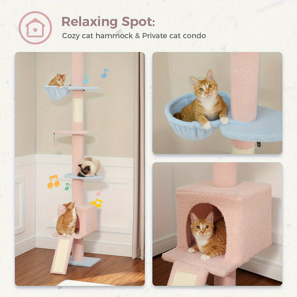 5-Tier Floor to Ceiling Cat Tree, 83–108 Inch Adjustable Indoor Cat Tower with Condo, Hammock, Scratching Post and Ladder in Seven Color Options