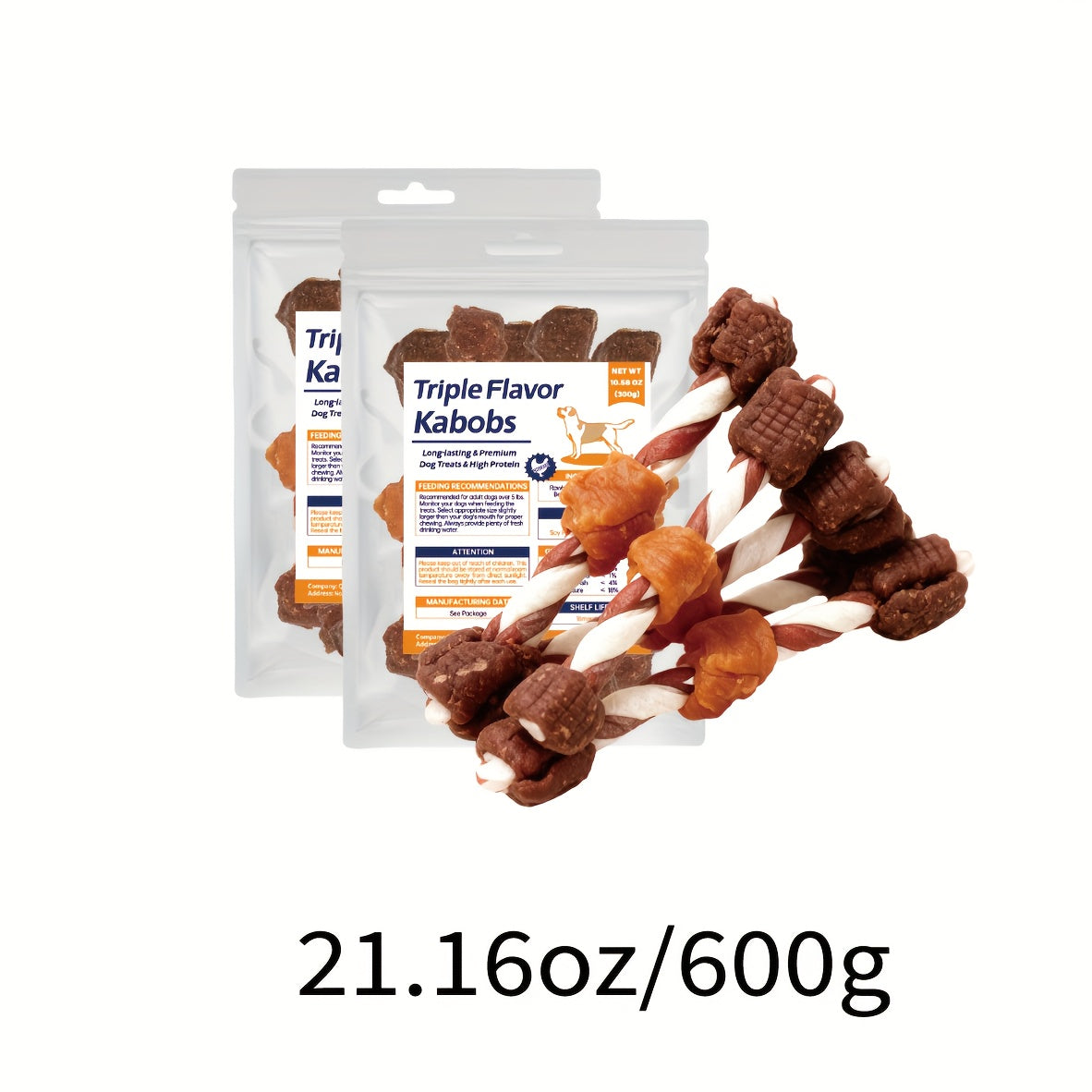 Rawhide Dog Chews with Chicken, Beef & Chicken Liver, Triple Flavor Kabob Treats for Supervised Snack Time, 300g, 600g & 900g Options