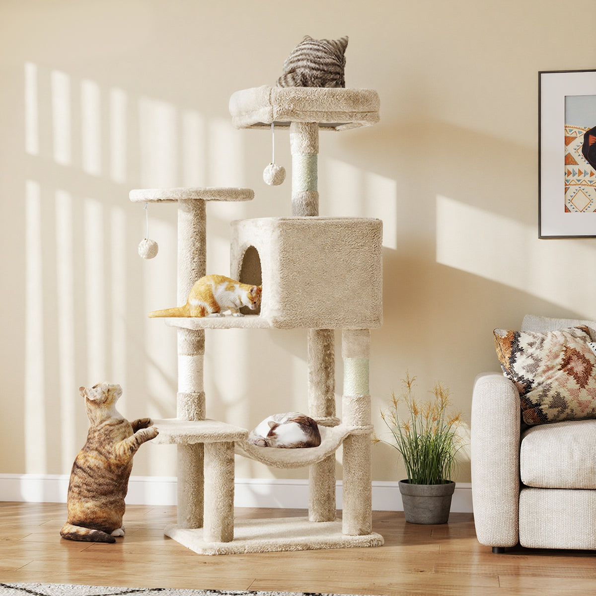 Cat Tree with Cloud-Shaped Perch, 44 Inch Indoor Cat Tower with Hammock, Cozy Condo, Sisal Scratching Posts and Multi-Level Climbing Platforms