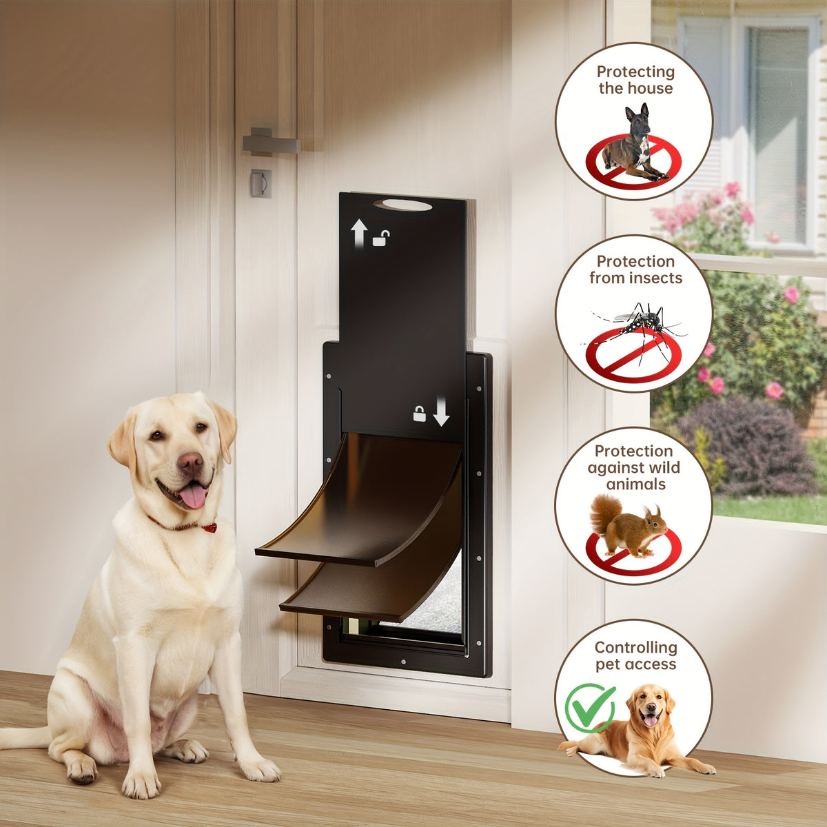 Dog Door with Double Magnetic Flaps and Closing Panel, Black Reinforced Polymer Pet Entry for Interior or Exterior Doors and Compatible Wall Installations