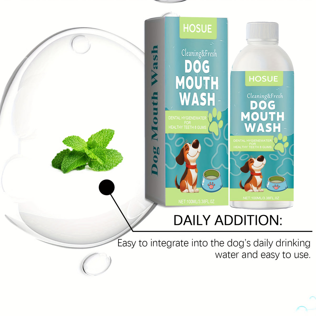 Dog Mouthwash with Peppermint Extract, 100ml 3.38 fl oz Oral Care Liquid for Fresh Breath and Label-Directed At-Home Canine Care Routines