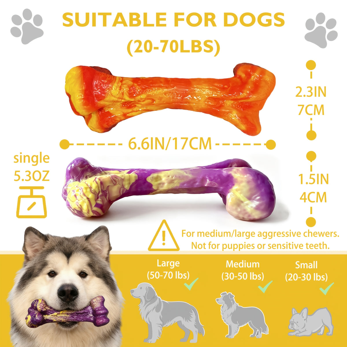 Beef-Scented Dog Chew Toys 3-Pack, Textured Bone-Shaped Chewing Toys for Medium and Large Dogs, Purple Red Orange Supervised Play Set