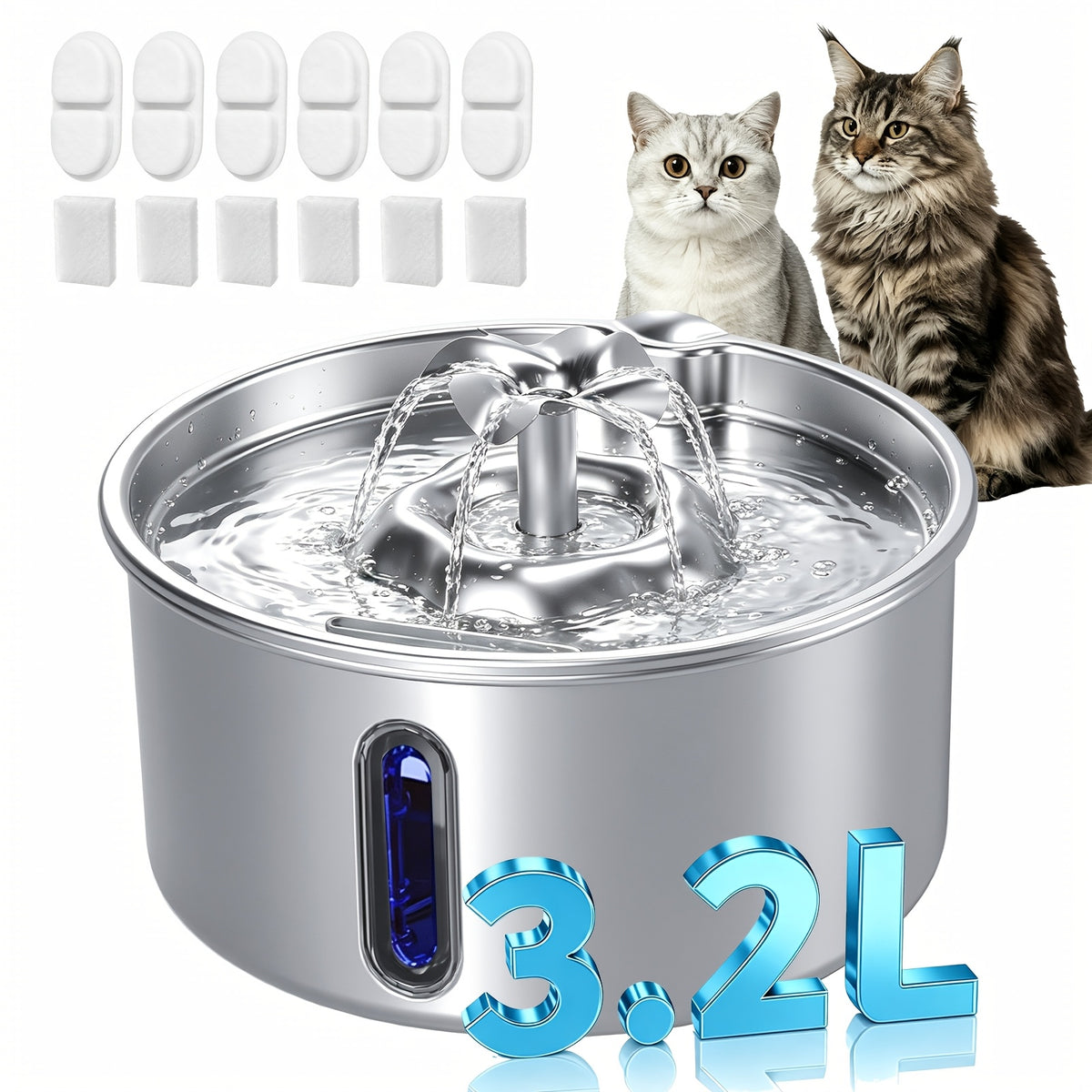 Stainless Steel Pet Water Fountain 3.2L for Cats and Dogs, Quiet 5V Pump with 4-Stage Filtration, Easy-Clean Drinking Dispenser with Filter Bundle Options