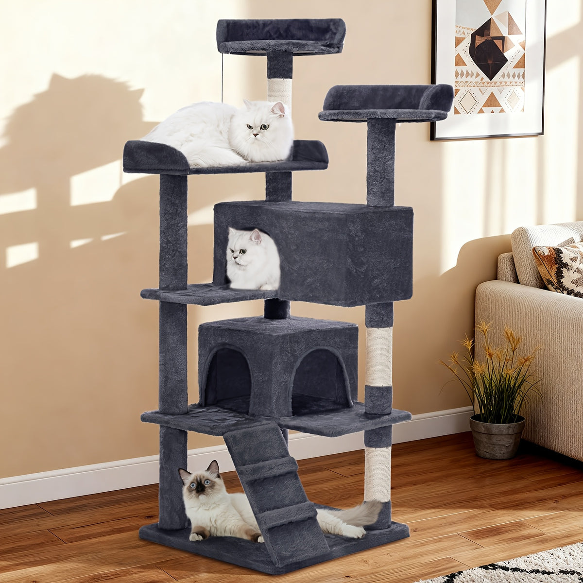 Cat Tree with Two Condo Retreats in Light Grey, Multi-Level Indoor Cat Tower with Scratching Posts and Play Toys for Kittens and Cats to Climb, Rest and Explore